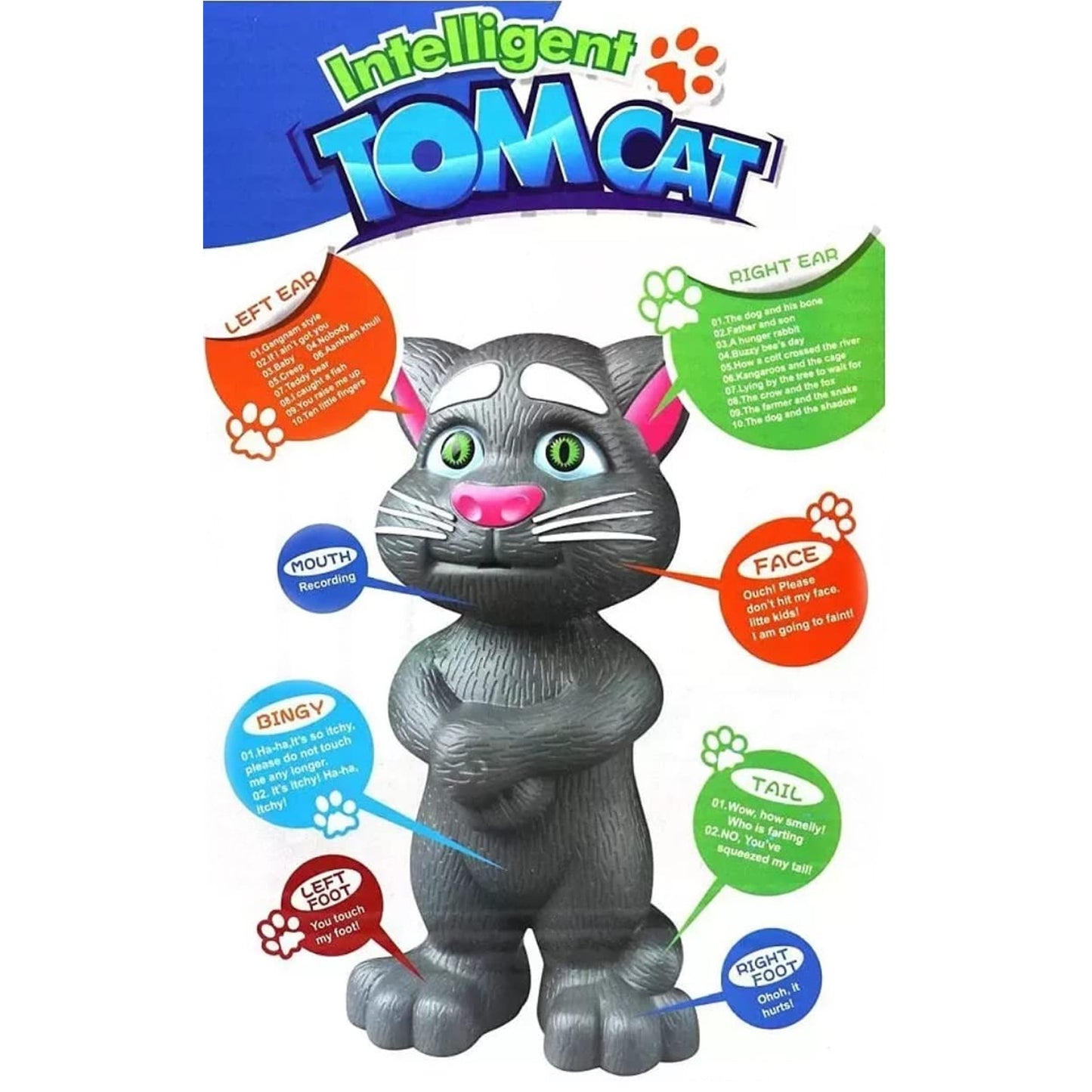 interactive talking tom cat toy gray standing cat figure with green eyes pink nose and labeled buttons