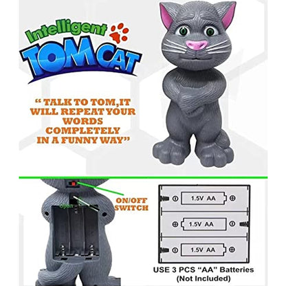 Gray interactive talking tom cat toy with repeating voice function battery compartment and on off switch
