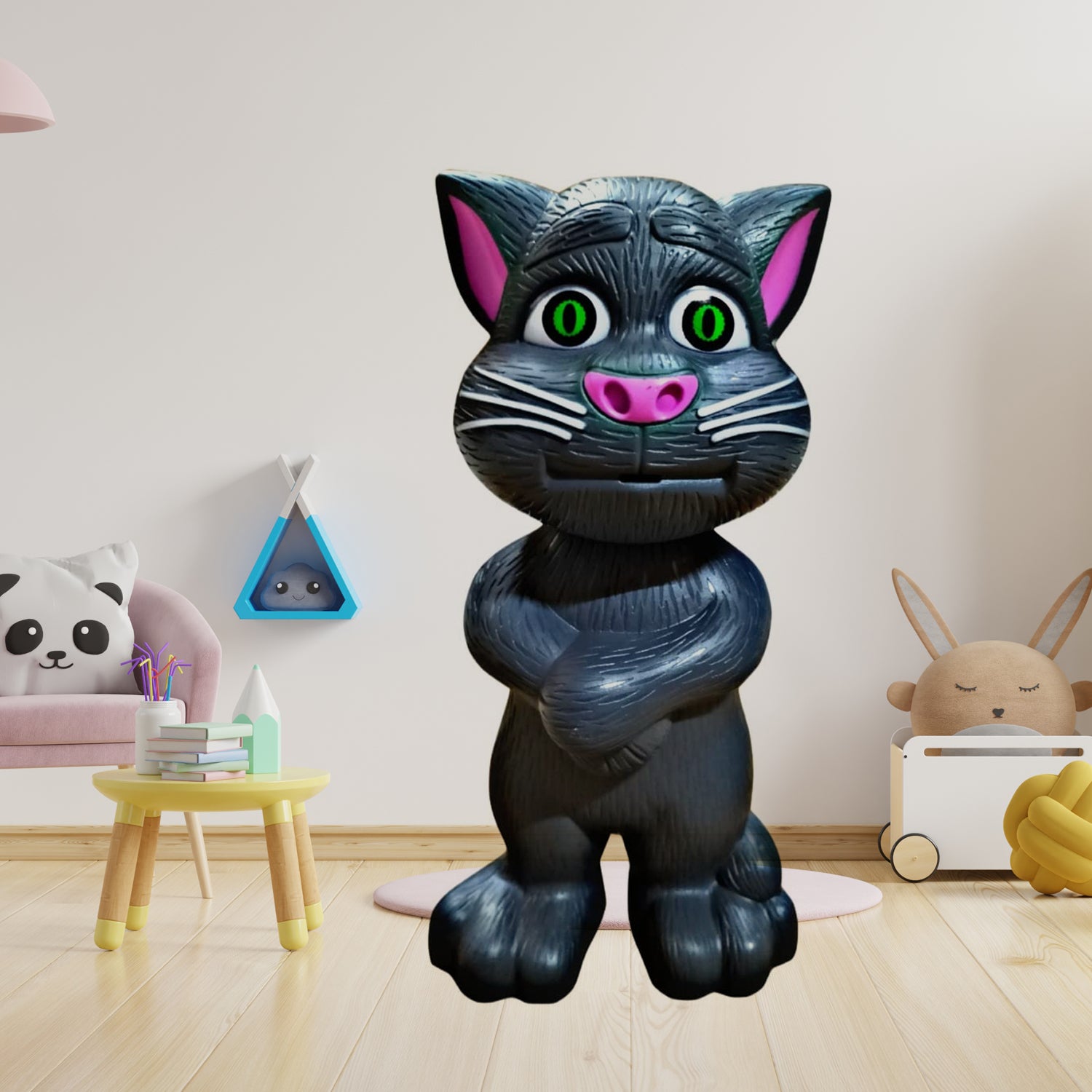 interactive talking tom cat toy black cat figure with green eyes and pink nose standing in kids playroom