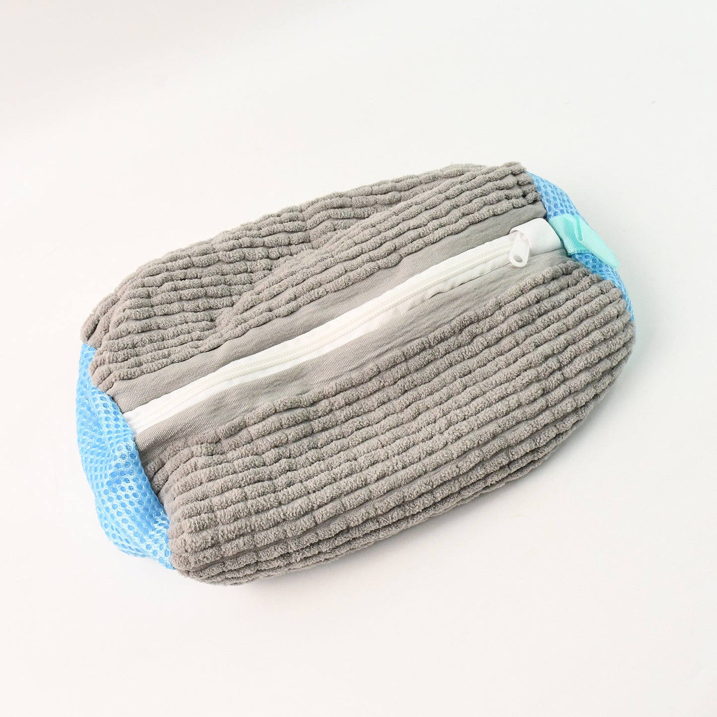 machine washable shoe bag durable gray textured zipper pouch with blue mesh ends for travel
