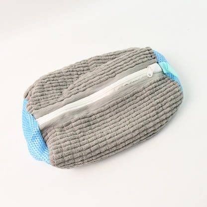 machine washable shoe bag durable gray textured zipper pouch with blue mesh ends for travel