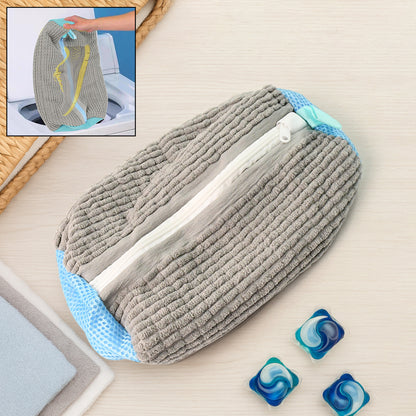 gray microfiber shoe wash bag with zipper and blue mesh ends shown with laundry pods machine washable shoe bag durable