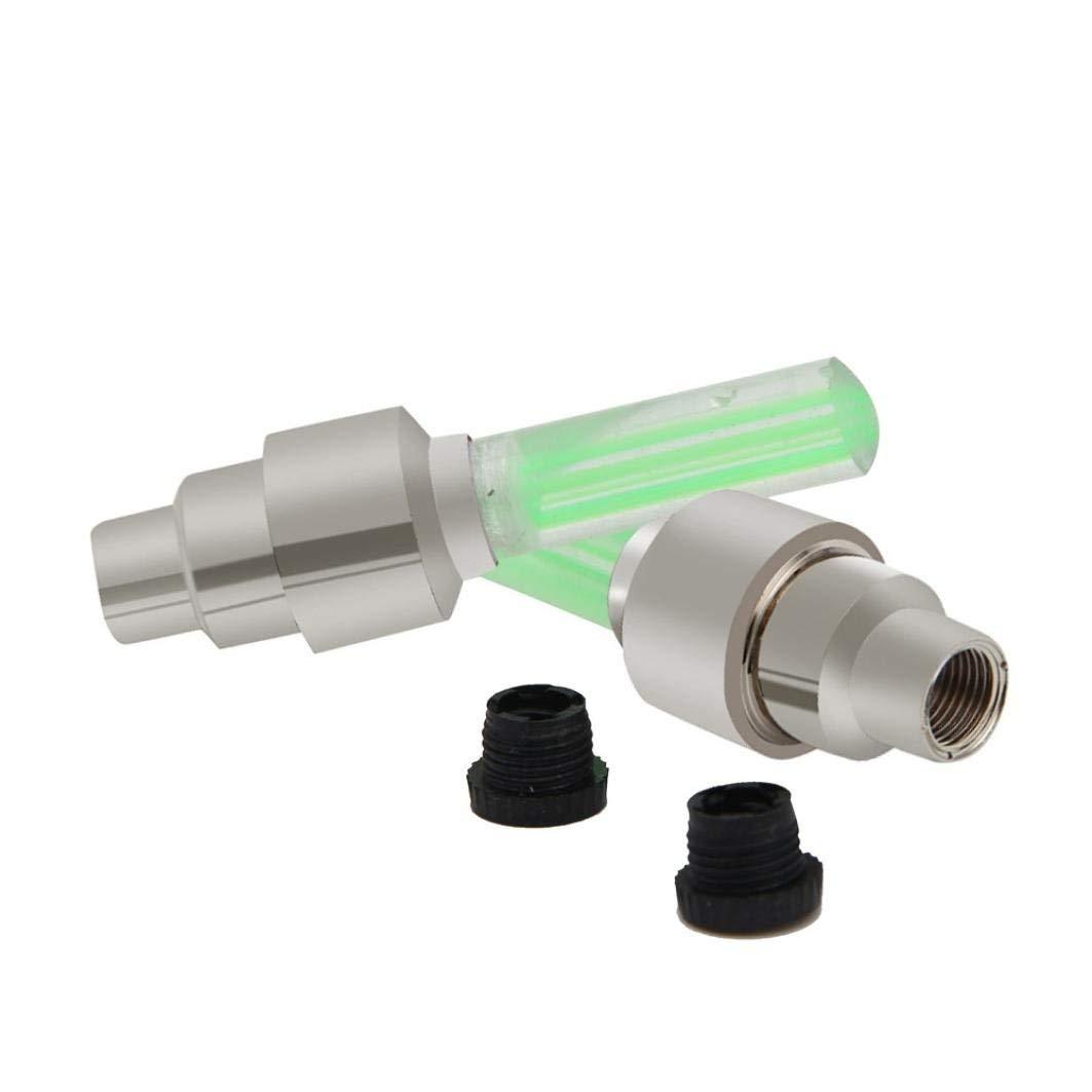 LED tire valve lights green glowing sticks with metal adapters and black valve caps