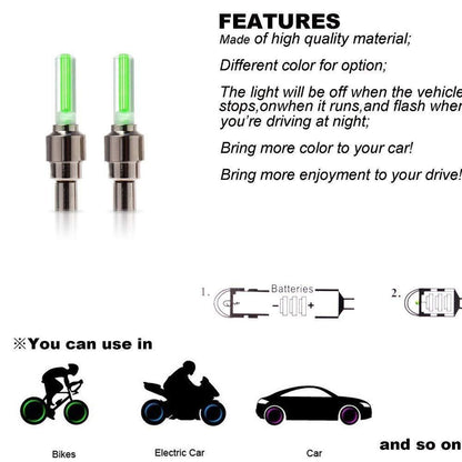 automotive green LED tire valve stem lights for bikes motorcycles and cars glowing wheel accessories