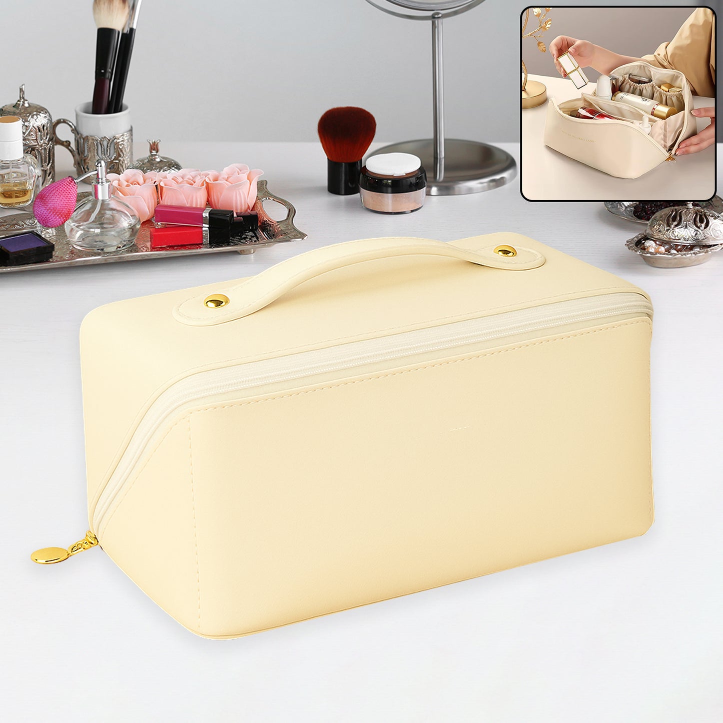 premium cream makeup bag with gold zipper and top handle for organized travel and storage