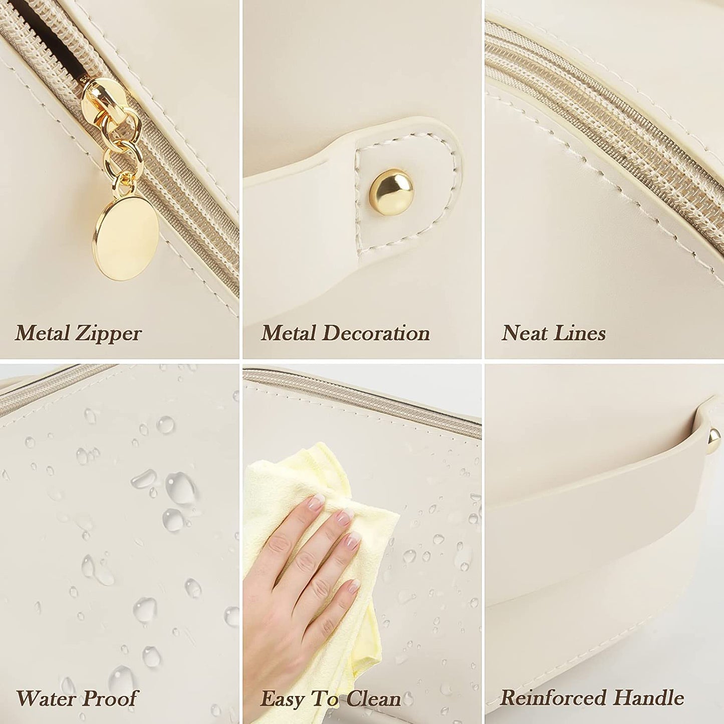 premium cream makeup bag with metal zipper decorative hardware waterproof easy to clean