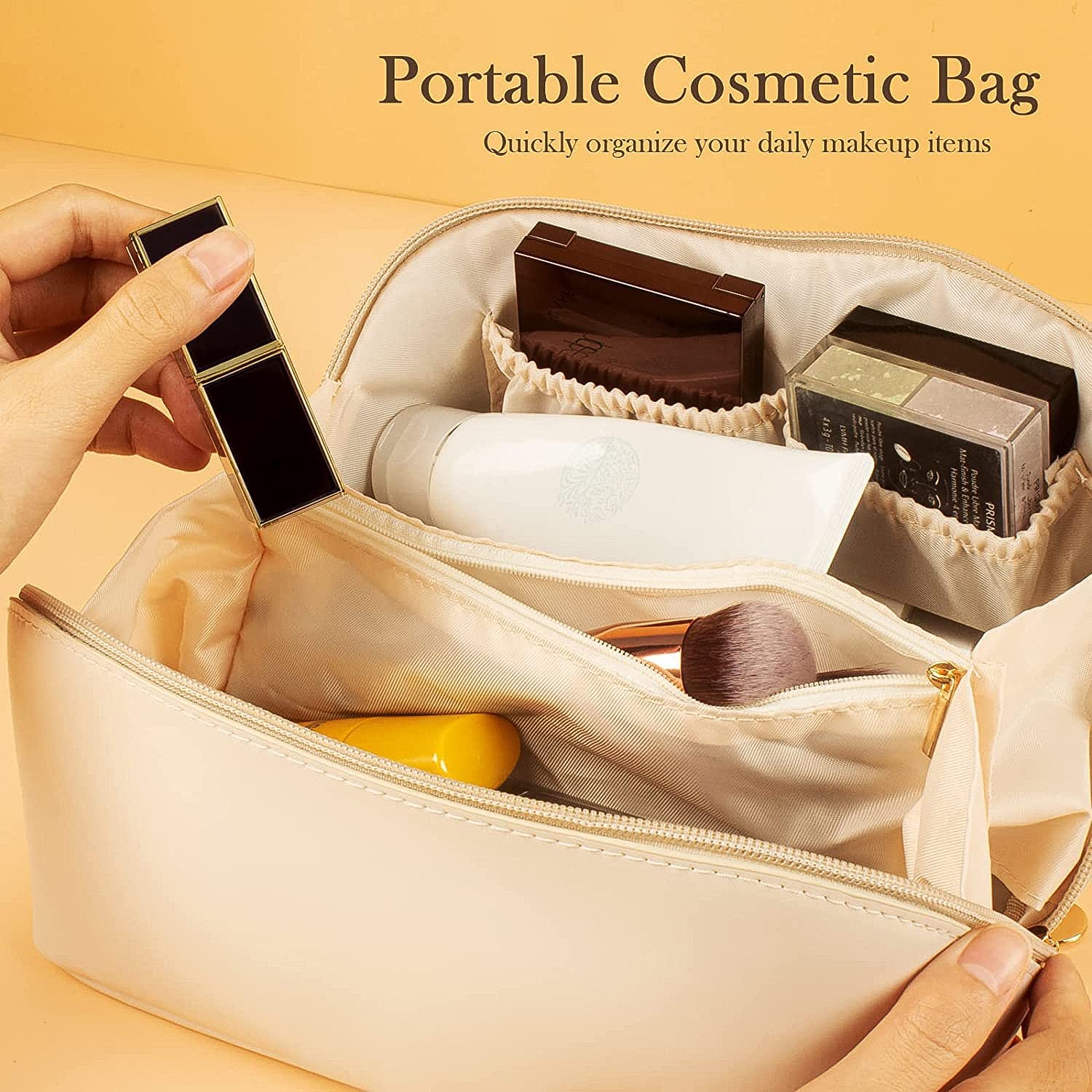 premium cream makeup bag with multiple interior pockets and zipper for travel organization