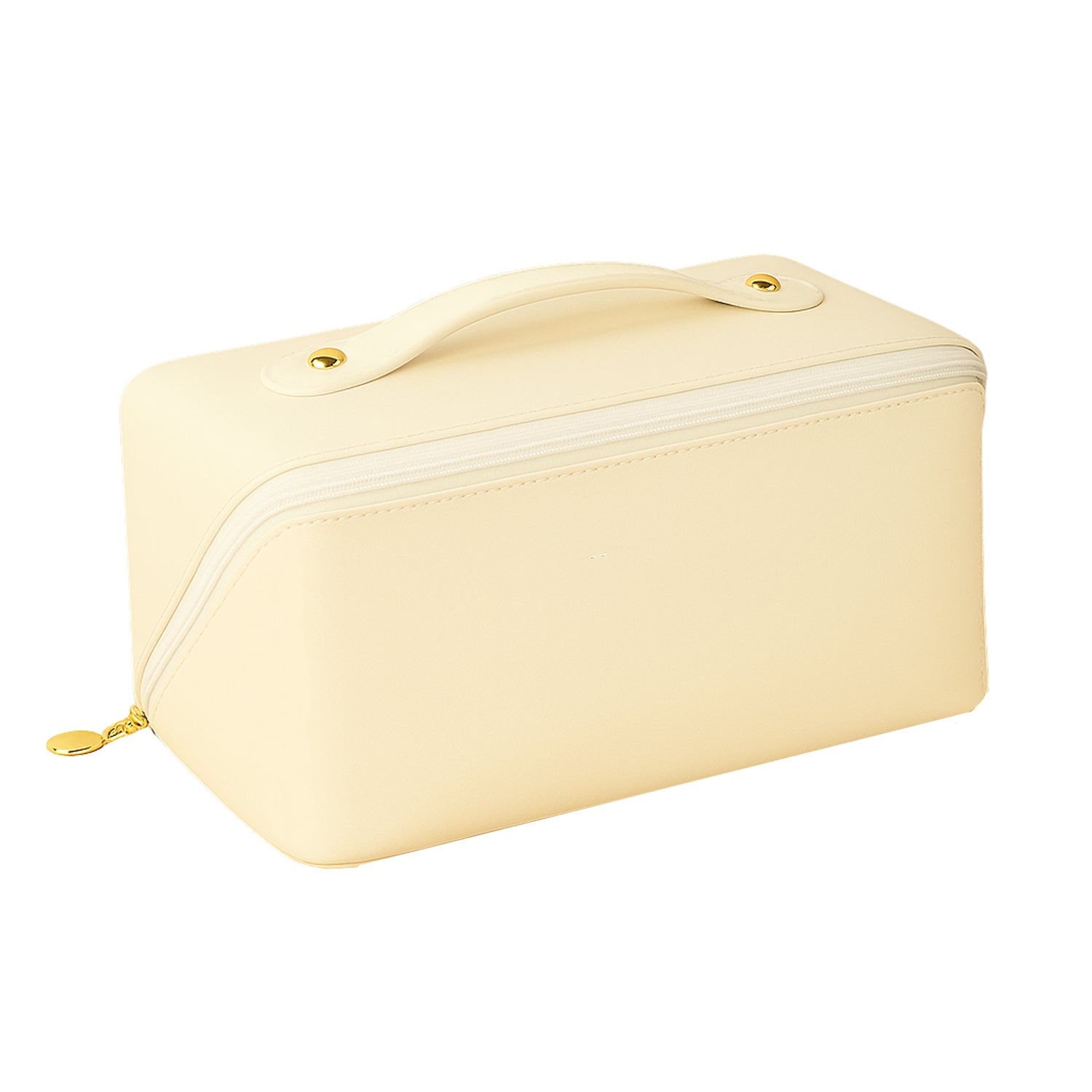 premium cream makeup bag with top handle and gold zipper pull rectangular travel case