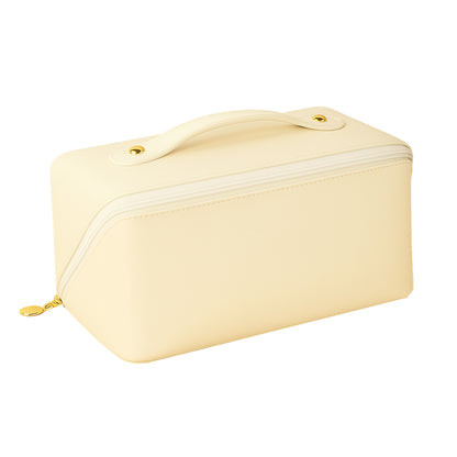 premium cream makeup bag with top handle and gold zipper pull rectangular travel case
