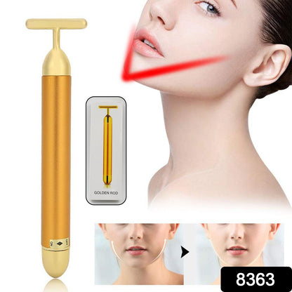 golden face massager T bar facial massage rod in gold shown on model jawline with before and after images