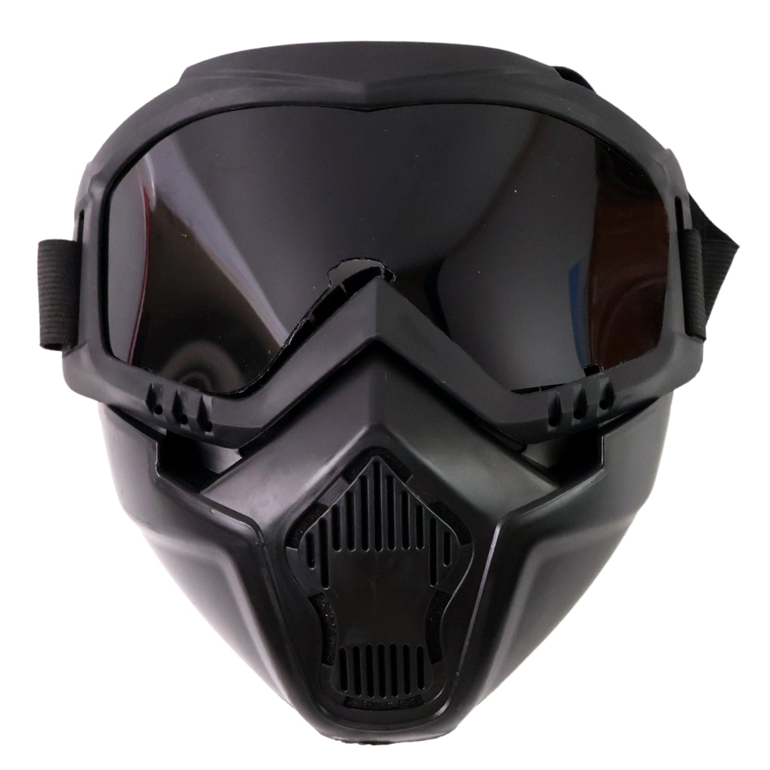 black tactical motorcycle goggles with mask full face tinted lens vented mouthpiece adjustable strap