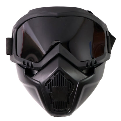 black tactical motorcycle goggles with mask full face tinted lens vented mouthpiece adjustable strap