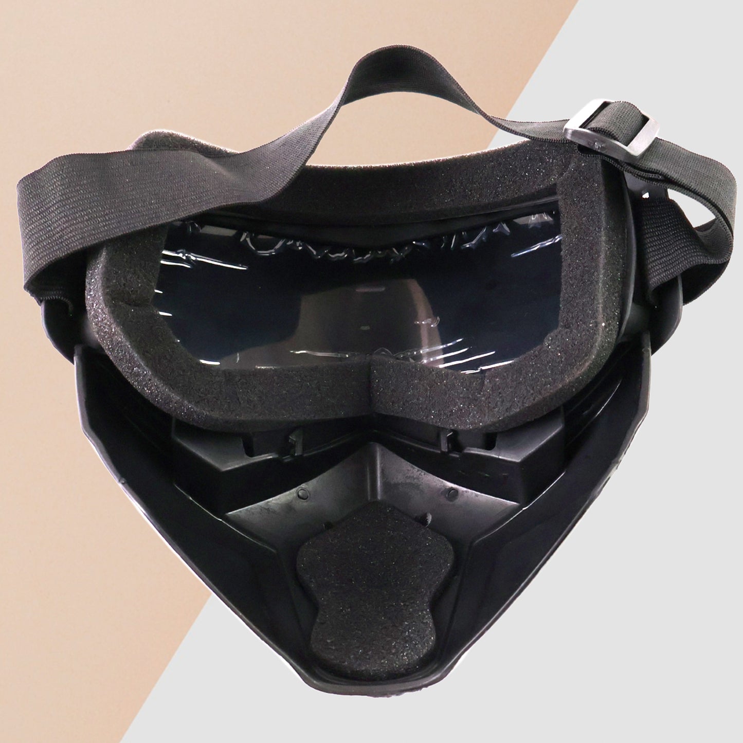 black motorcycle goggles with mask with foam padding adjustable strap and tinted lens