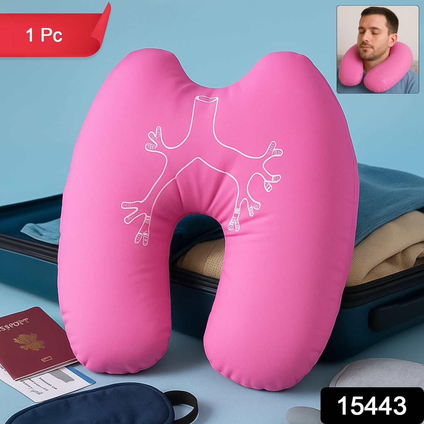 pink U shaped travel neck pillow for airplanes with white bronchial pattern on open suitcase and passport visible