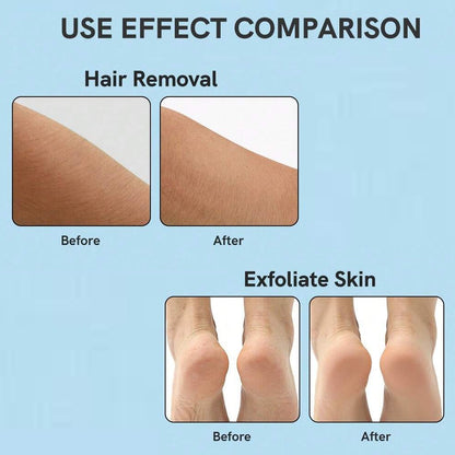 portable skin hair remover device before and after results showing smooth hair removal and exfoliated skin