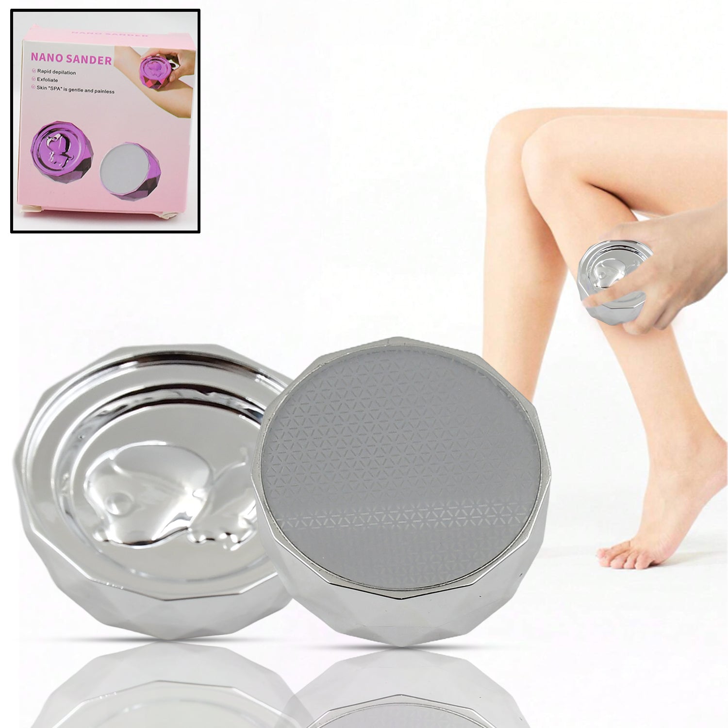 Silver portable skin hair remover device held against leg for gentle exfoliation and hair removal