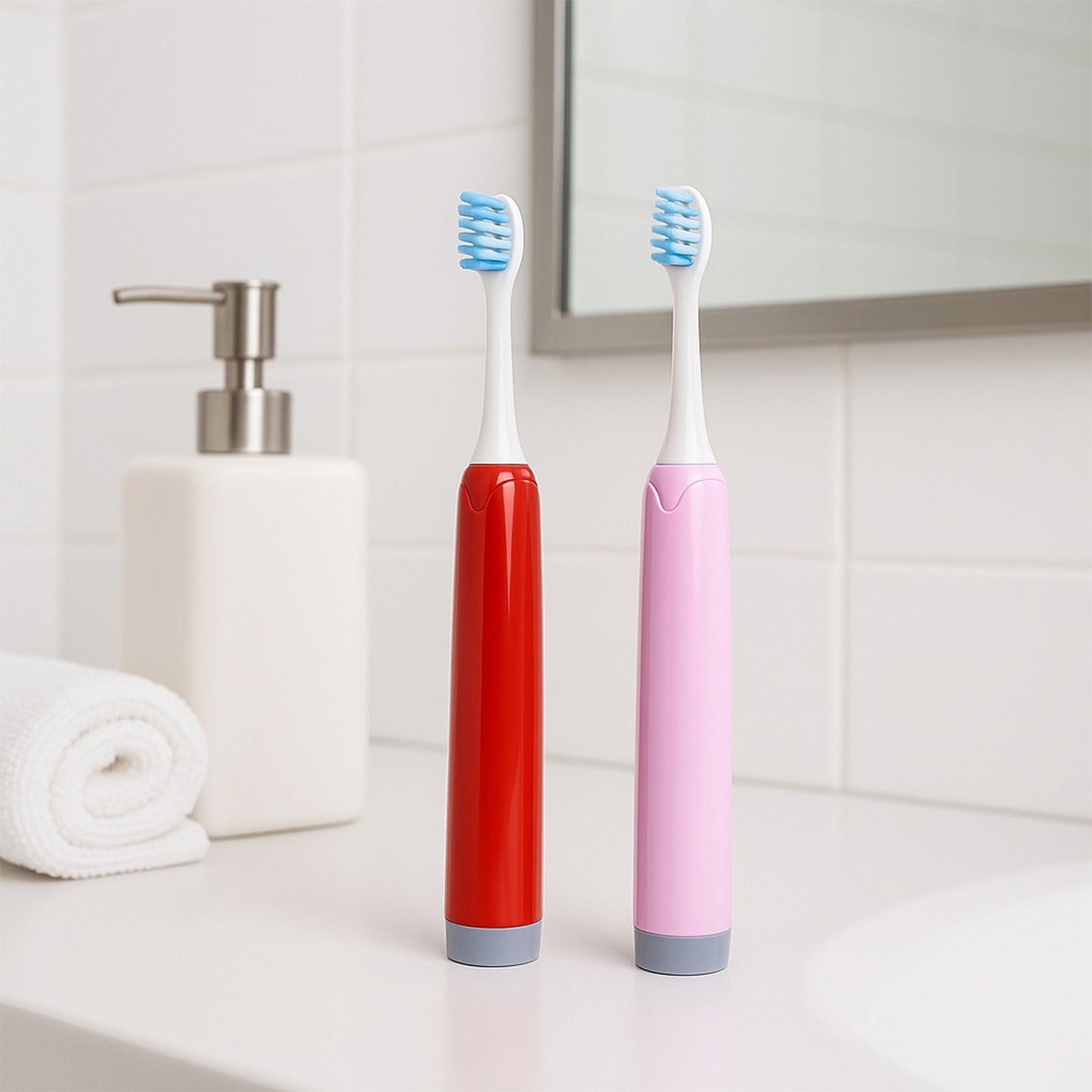 battery toothbrush pair red and pink on bathroom counter best battery toothbrush for adults