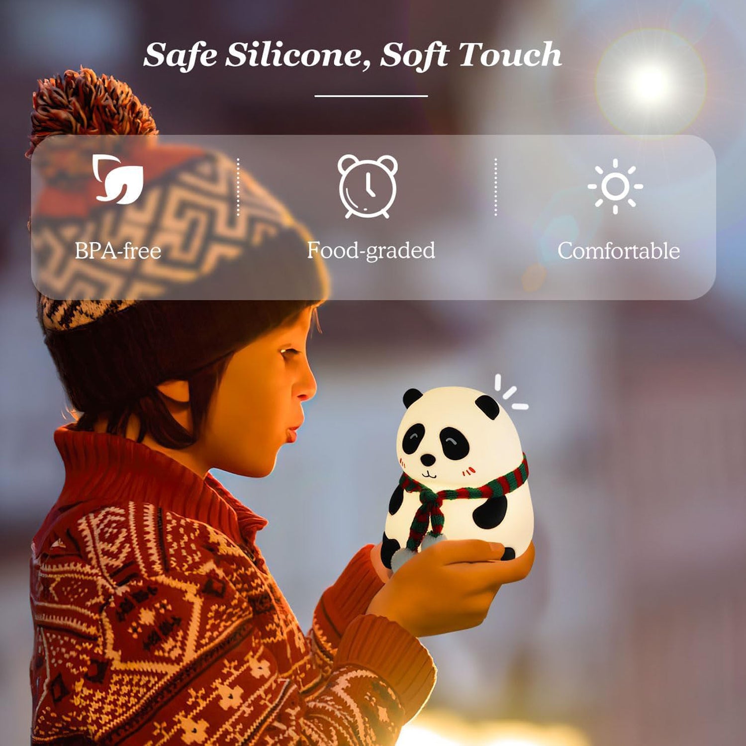 panda LED night light made of safe silicone for a soft touch and comfort