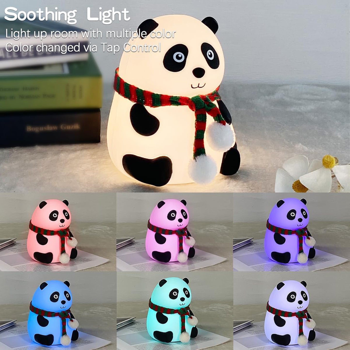 panda LED night light in various colors with a cozy design and tap control feature