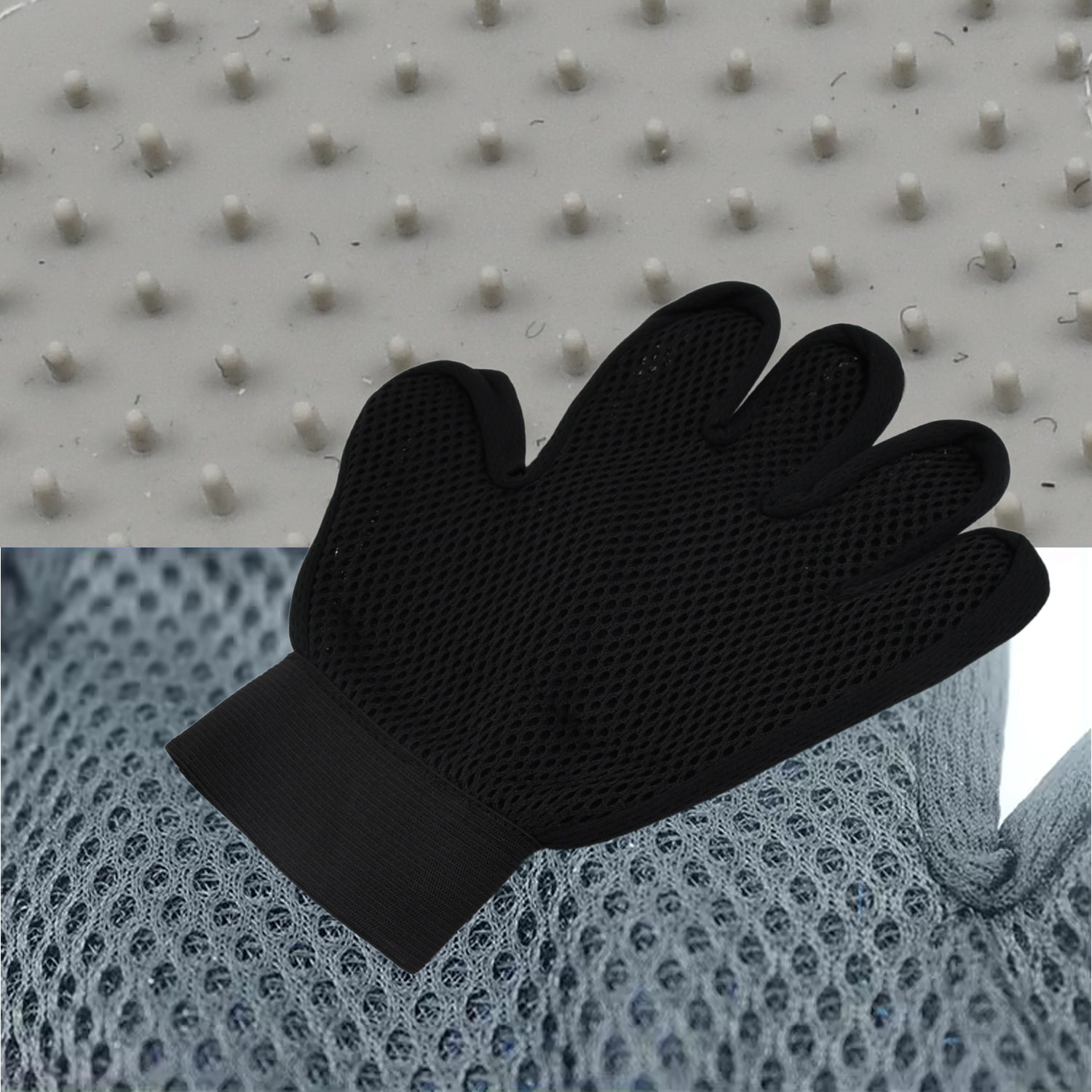 black five finger mesh pet grooming glove for deshedding bathing and massaging dogs and cats