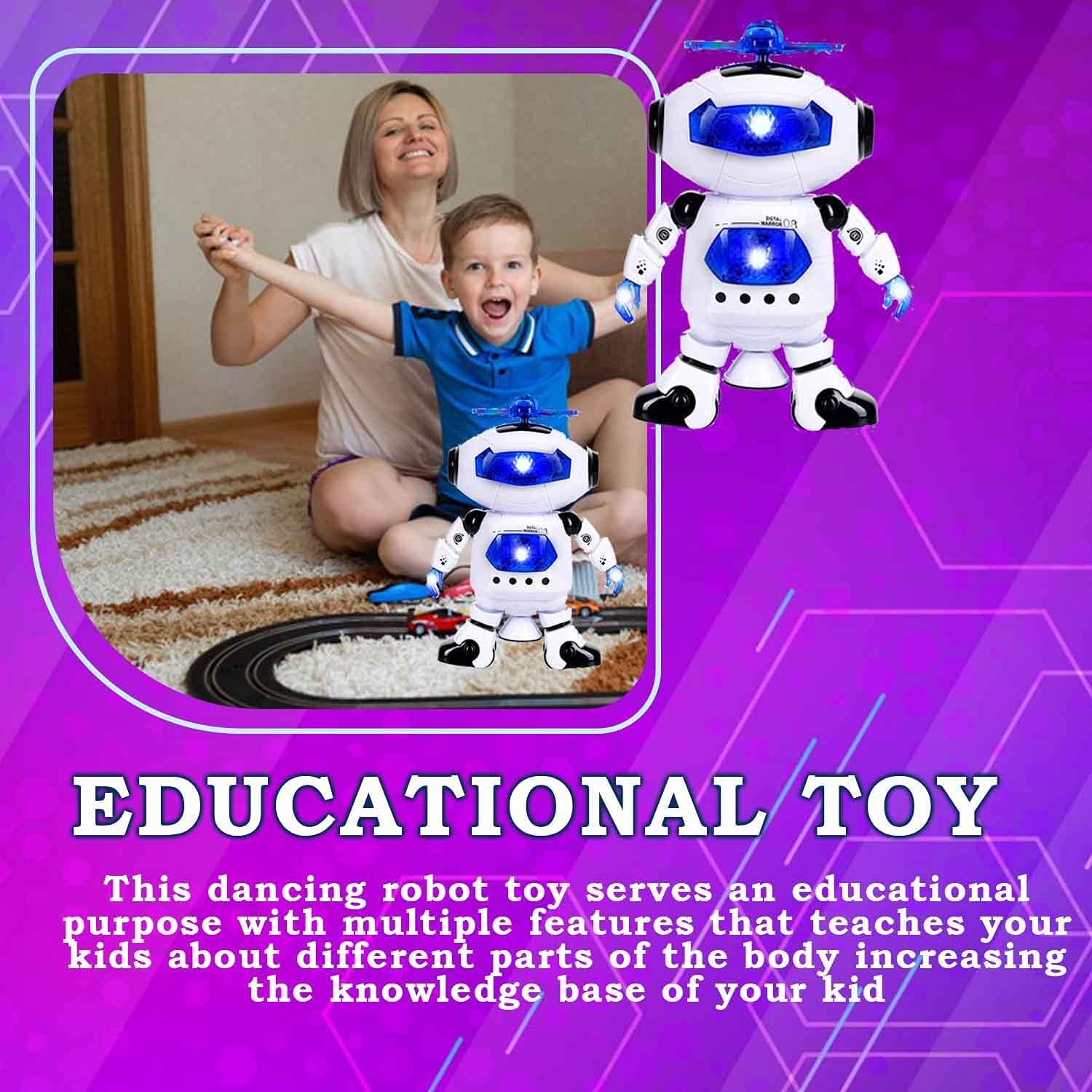 dancing robot toy with 3D lights white blue educational robot playing with child at home