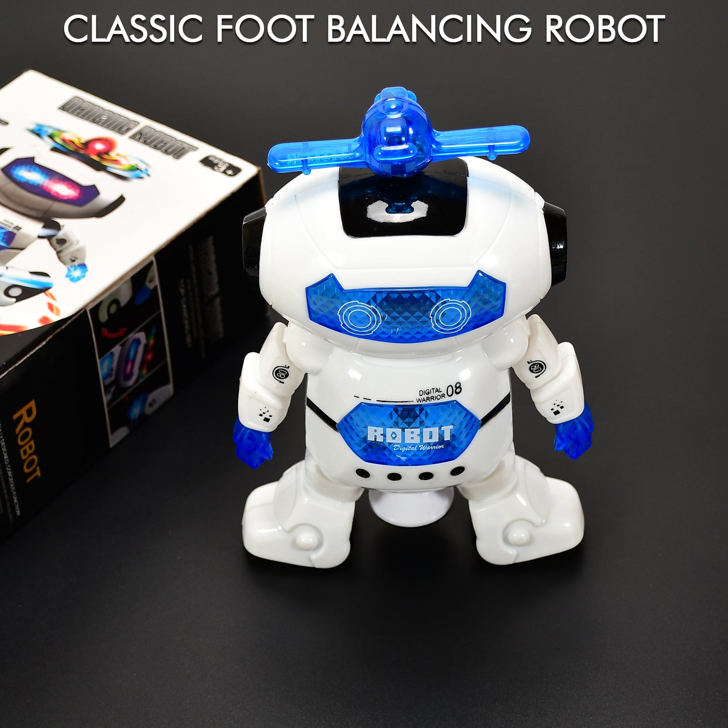 dancing robot toy with 3D lights white and blue classic foot balancing robot with flashing LEDs and music