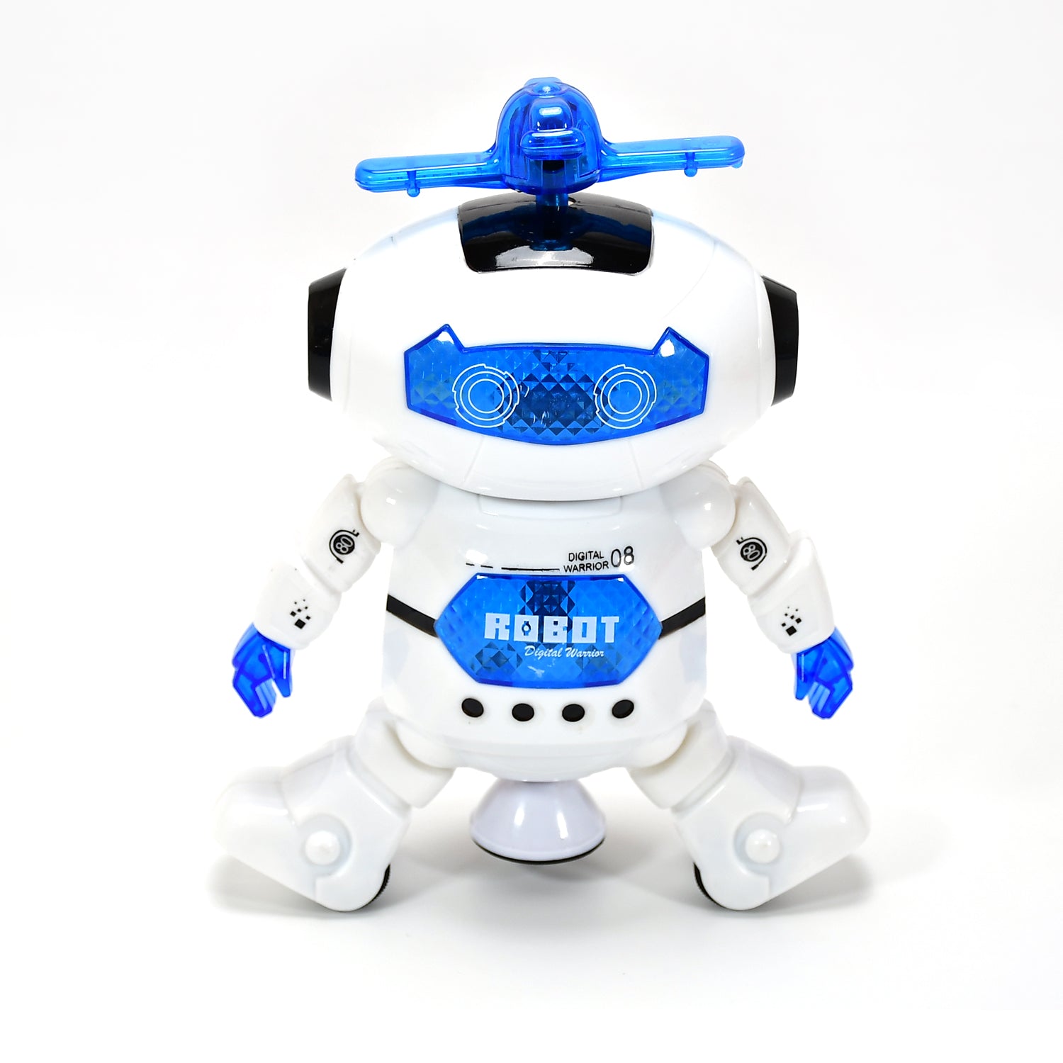white and blue dancing robot toy with 3D lights standing toy for kids with flashing LED features