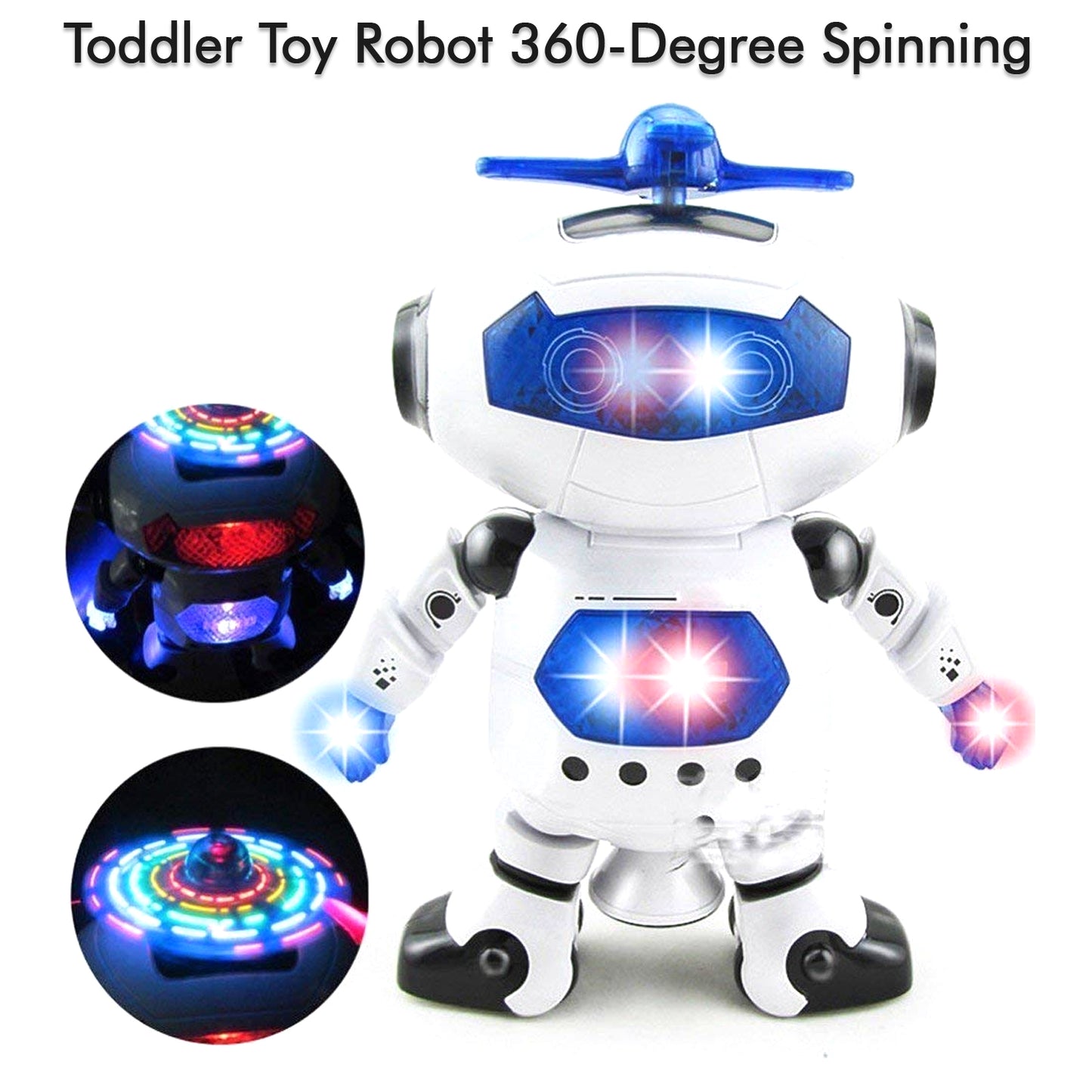 white and blue toddler robot dancing robot toy with 3D lights spinning propeller head and multicolor LEDs