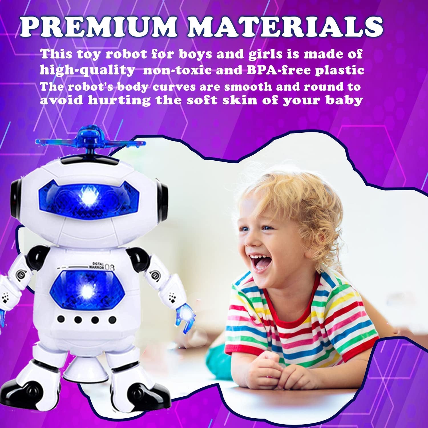 White dancing robot toy with 3D lights and blue LEDs next to laughing toddler on purple background