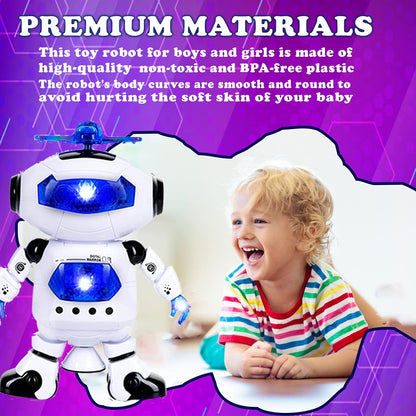 White dancing robot toy with 3D lights and blue LEDs next to laughing toddler on purple background