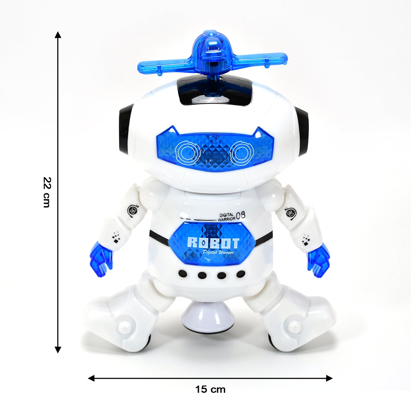 dancing robot toy with 3D lights white and blue battery operated 22 cm tall interactive toy