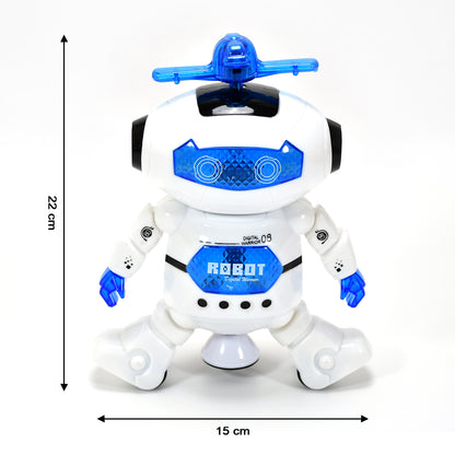 dancing robot toy with 3D lights white and blue battery operated 22 cm tall interactive toy
