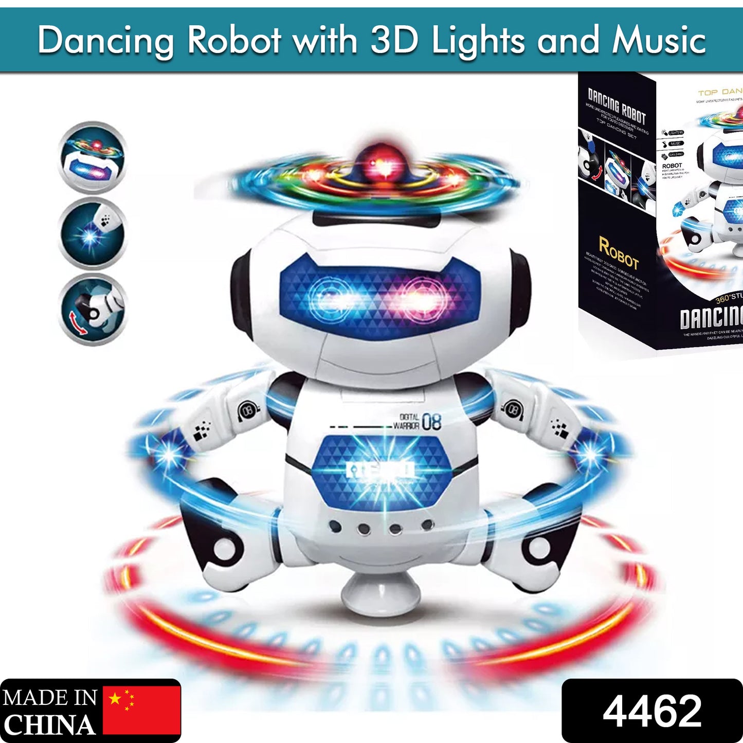 dancing robot toy with 3D lights white interactive music spinner LED effects for kids
