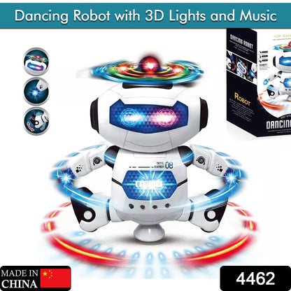 dancing robot toy with 3D lights white interactive music spinner LED effects for kids
