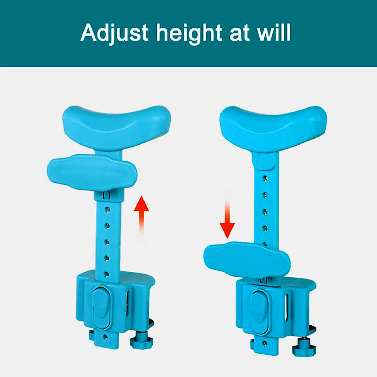 blue adjustable kids sitting posture corrector clamp showing height adjustment with up and down positions