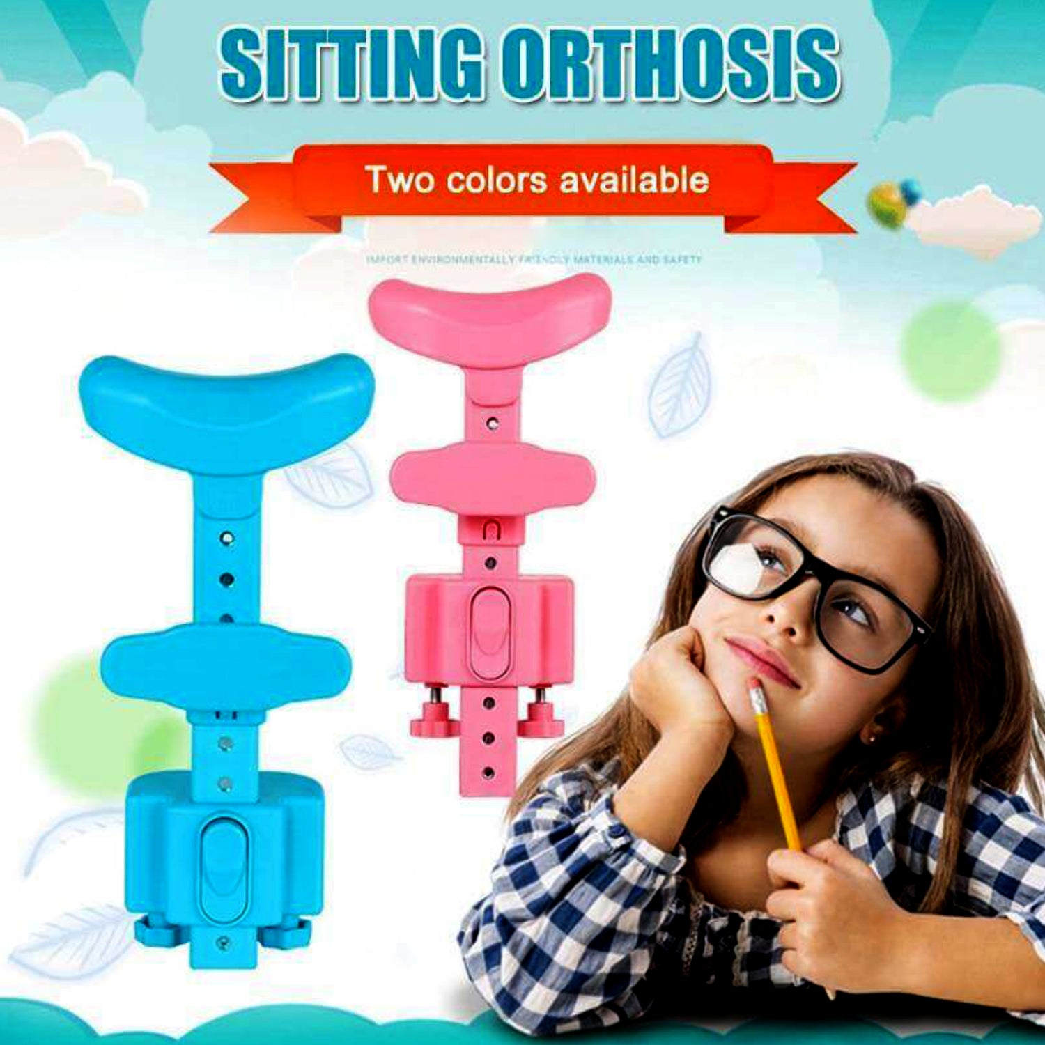 kids sitting posture corrector blue and pink sitting orthosis shown beside a thoughtful girl with glasses