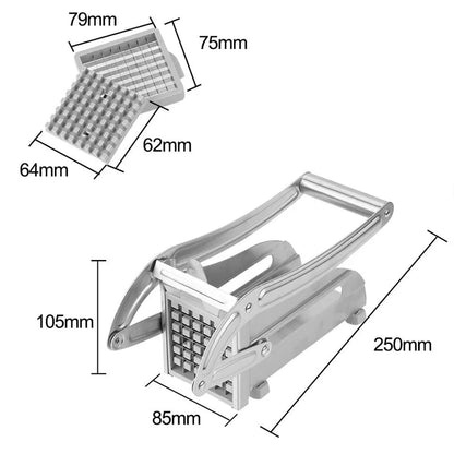 stainless steel French fry cutter machine hand press with removable grid blades and dimensions shown