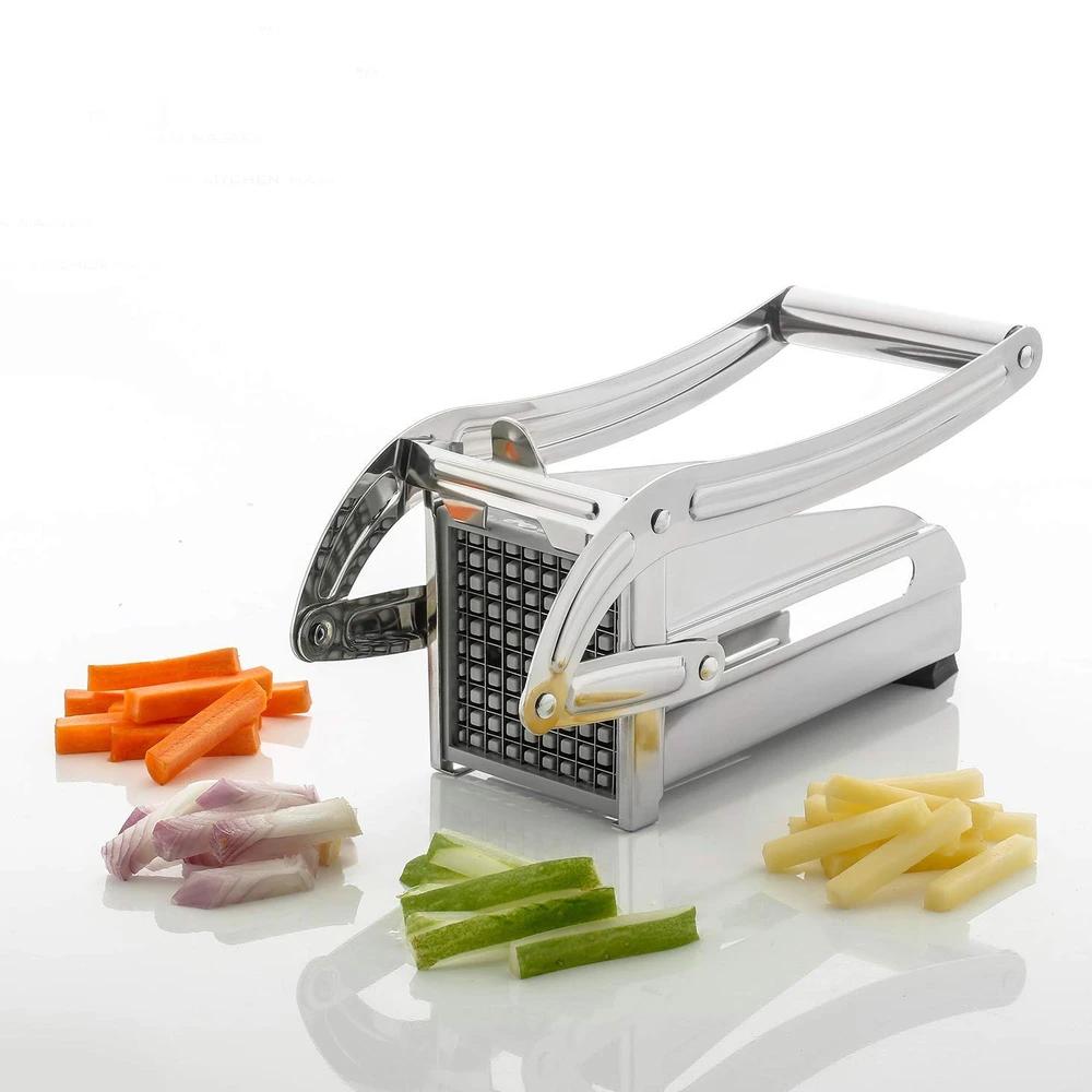 stainless steel French fry cutter machine handheld press with grid blade and sliced vegetables