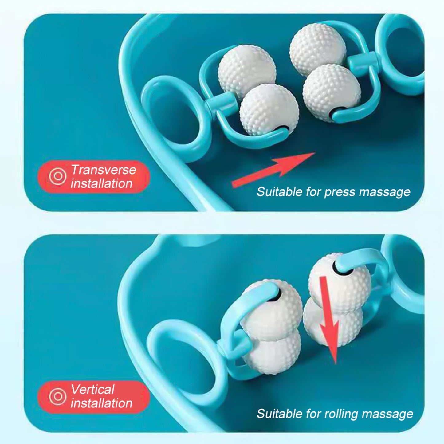 dual roller neck and shoulder massager in teal showing transverse and vertical installation options