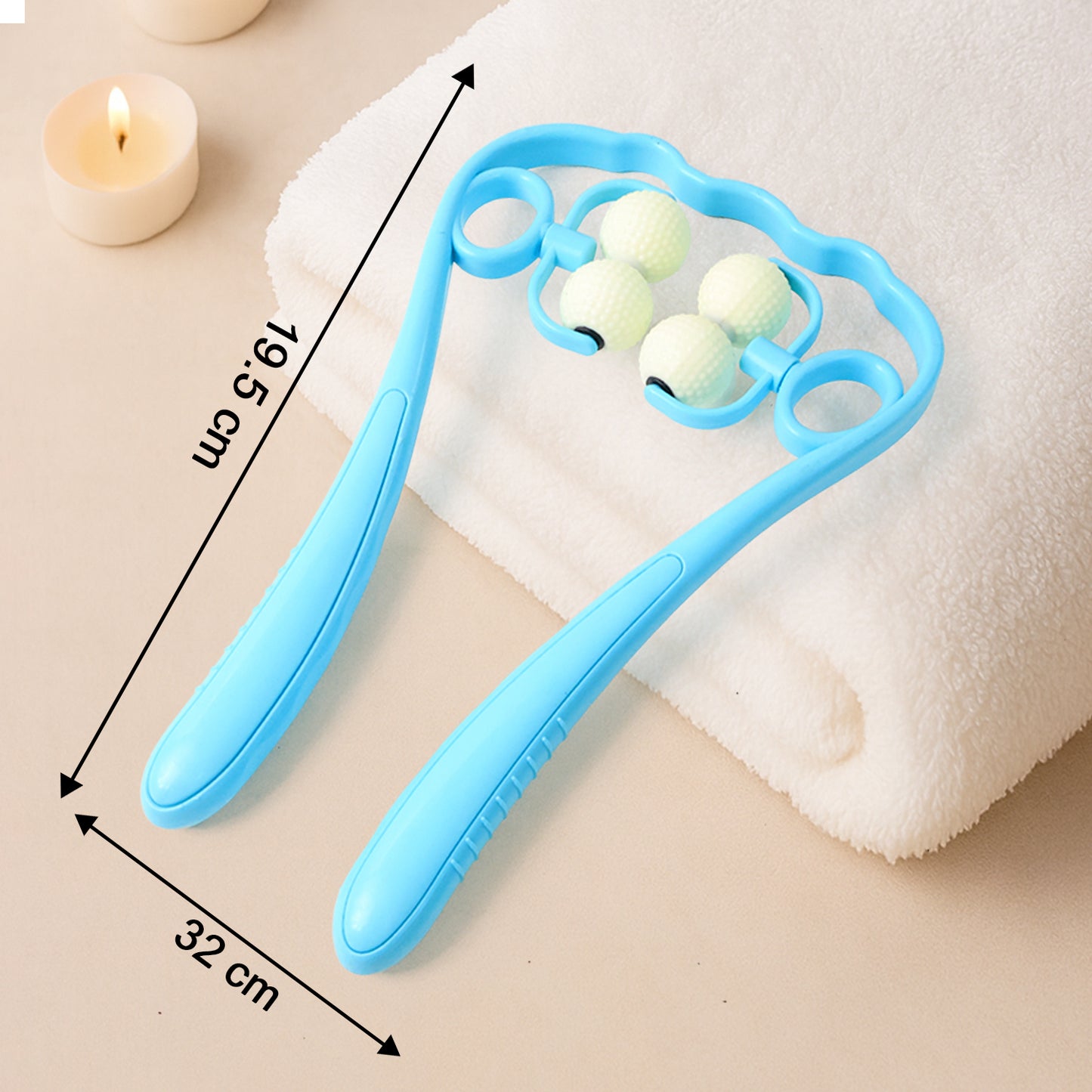 blue dual roller neck and shoulder massager with ergonomic handles for portable muscle relief