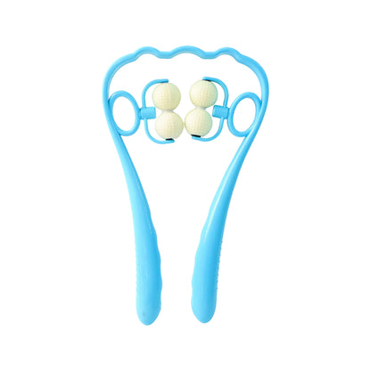 Blue dual roller neck and shoulder massager with ergonomic handles and four textured rolling balls for relief