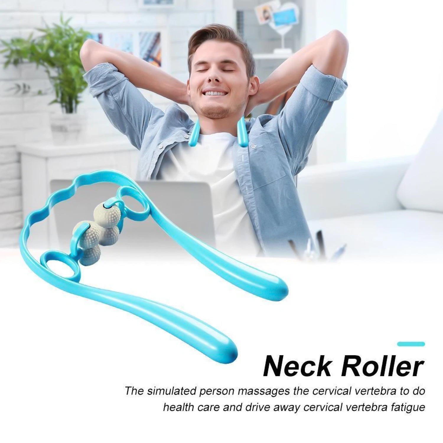 dual roller neck and shoulder massager in blue with ergonomic handles and textured massage balls