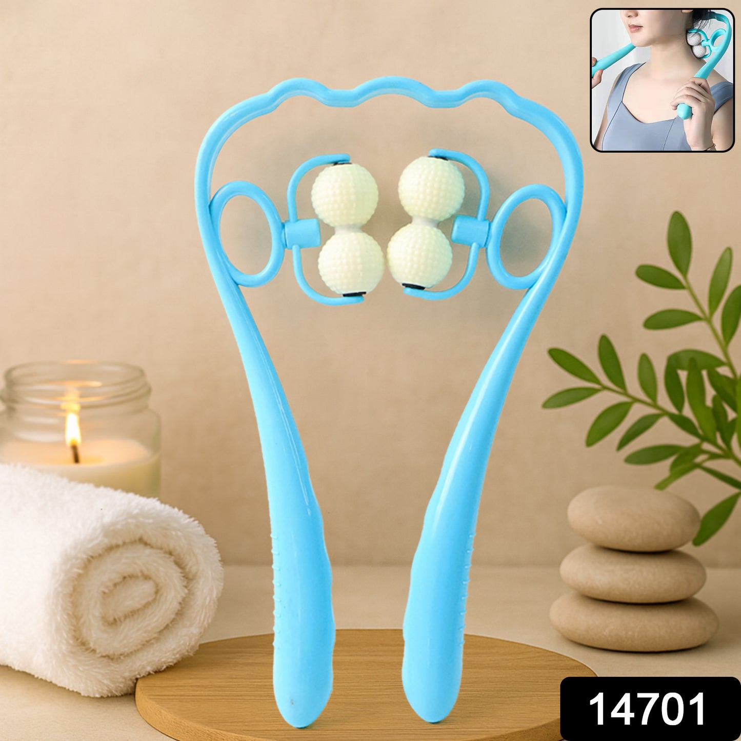 blue dual roller neck and shoulder massager with textured twin balls handheld frame for pain relief