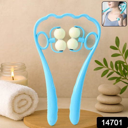 blue dual roller neck and shoulder massager with textured twin balls handheld frame for pain relief