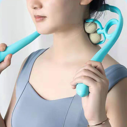 dual roller neck and shoulder massager teal handheld with textured massage balls used on female neck and shoulders