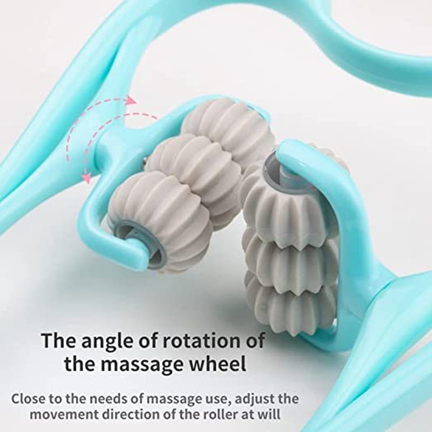 turquoise handheld roller massager with rotating textured wheels for home neck and shoulder relaxation gadget