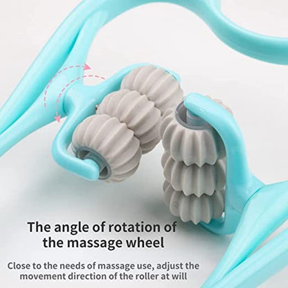 turquoise handheld roller massager with rotating textured wheels for home neck and shoulder relaxation gadget