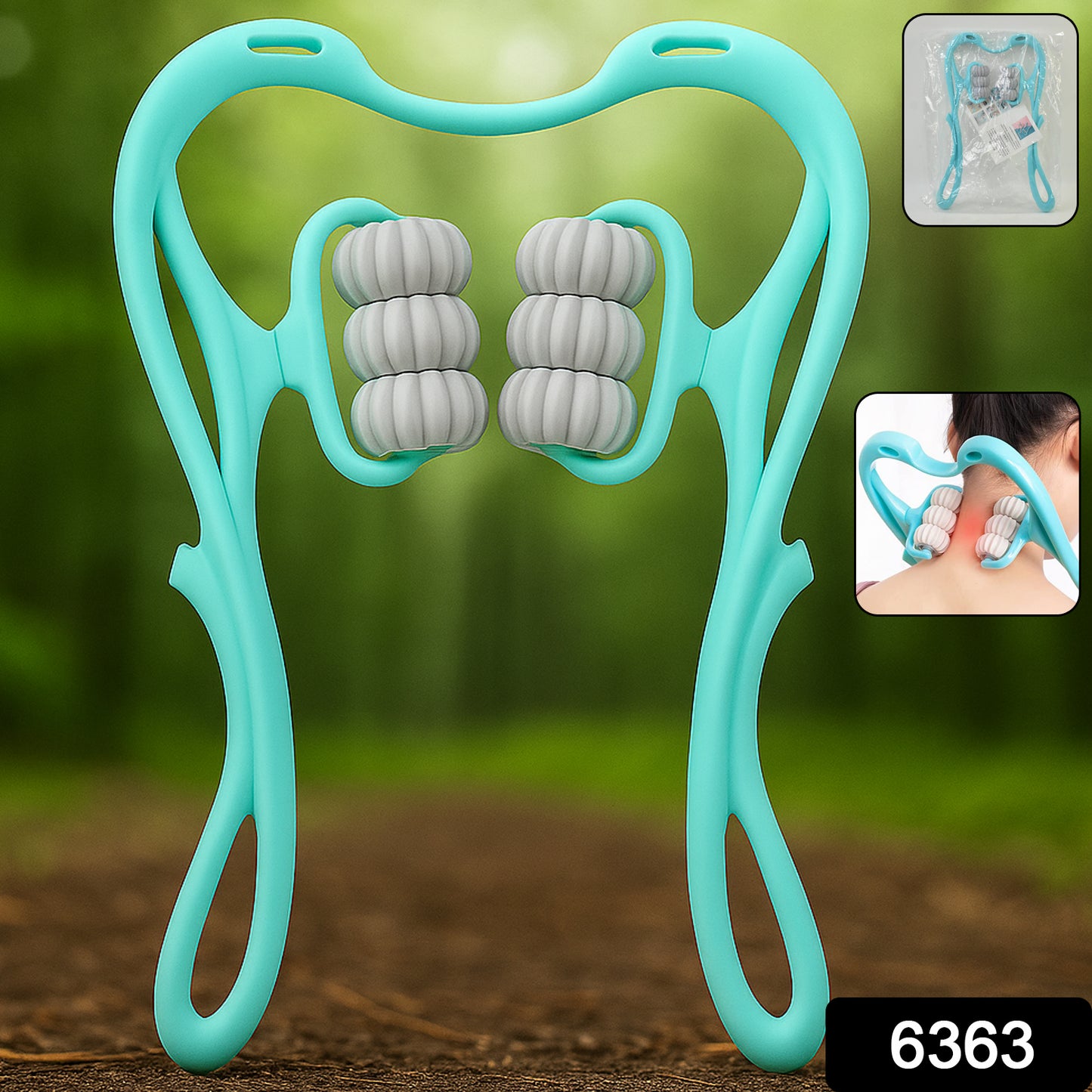 turquoise handheld home neck and shoulder relaxation gadget with dual rolling massage nodes and ergonomic handles