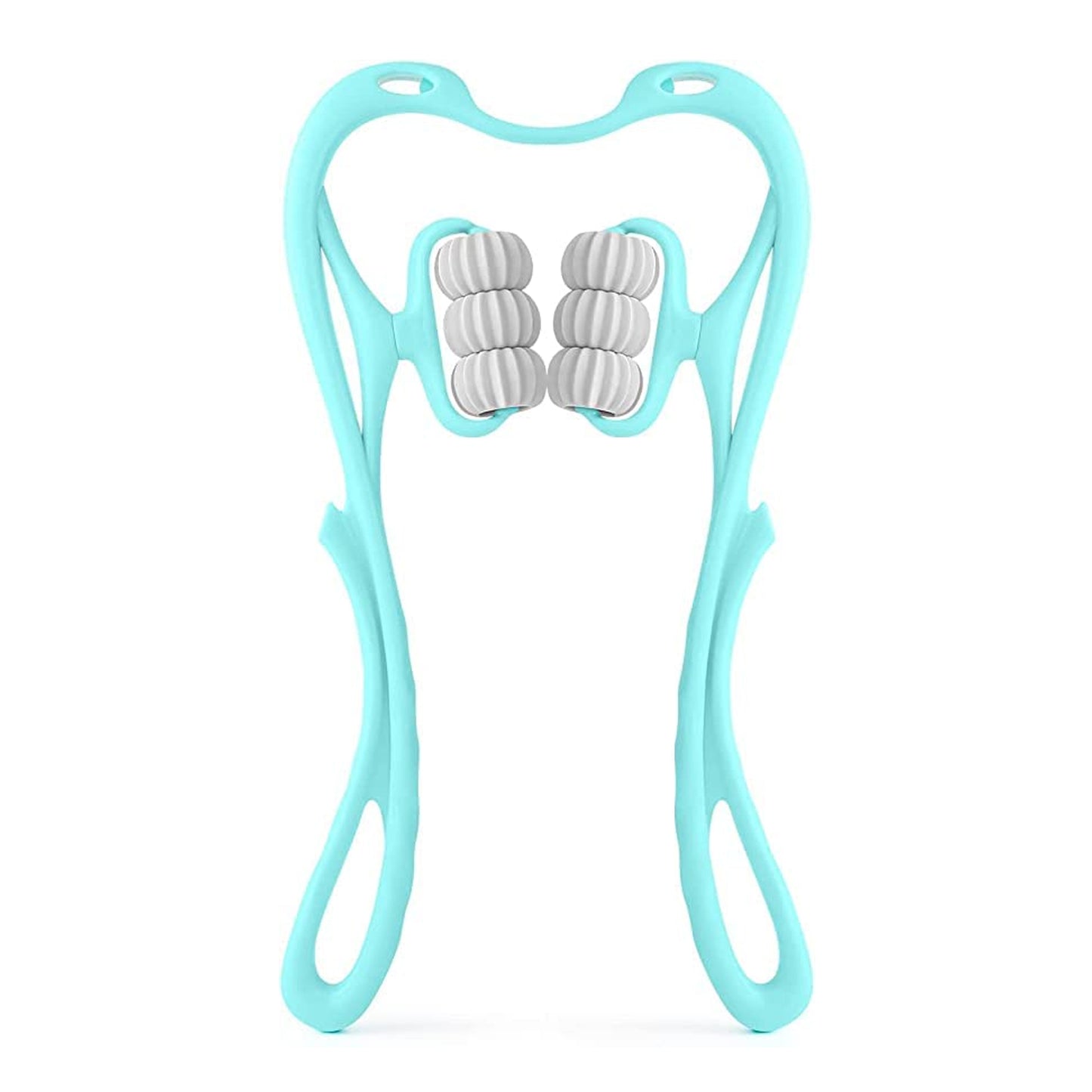turquoise handheld roller with dual textured massage wheels for neck and back home neck and shoulder relaxation gadget