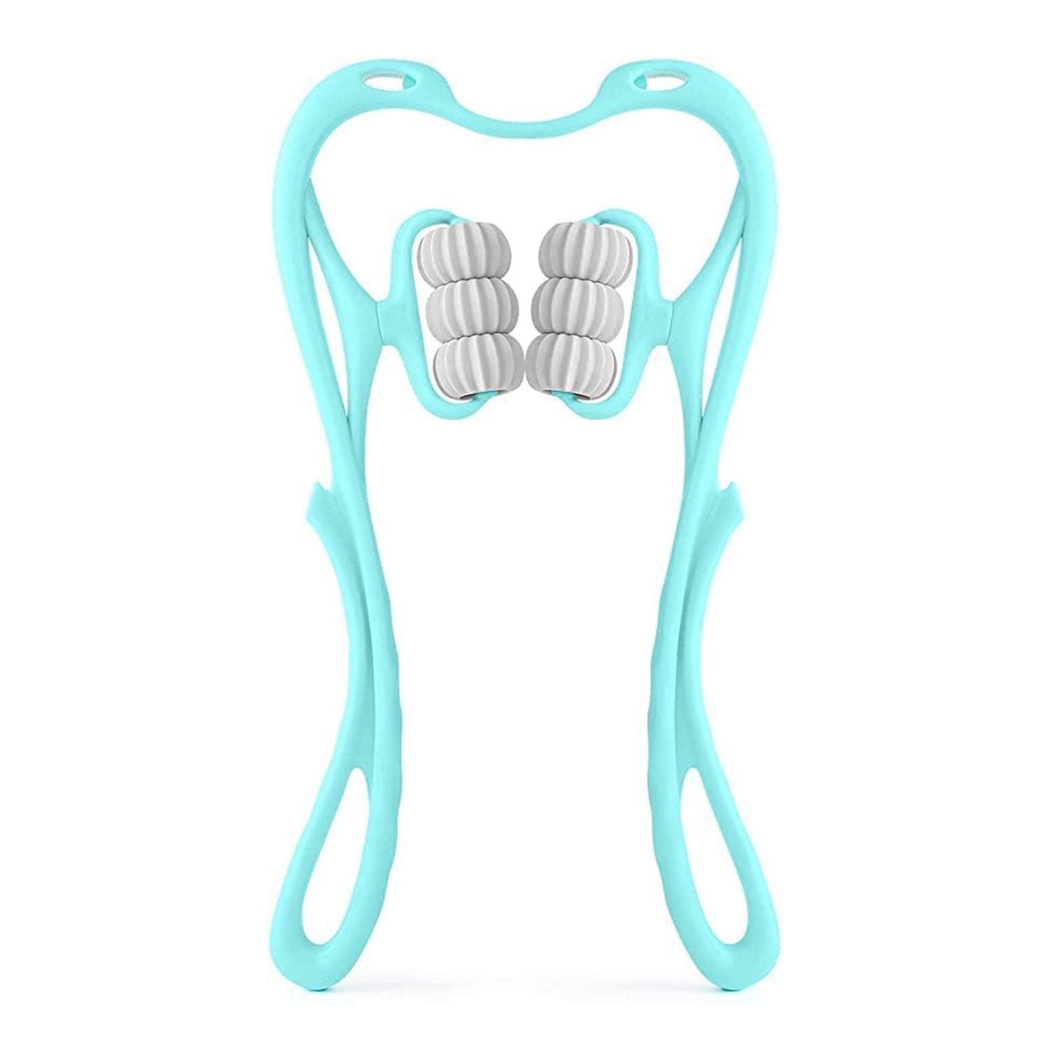 turquoise handheld roller with dual textured massage wheels for neck and back home neck and shoulder relaxation gadget